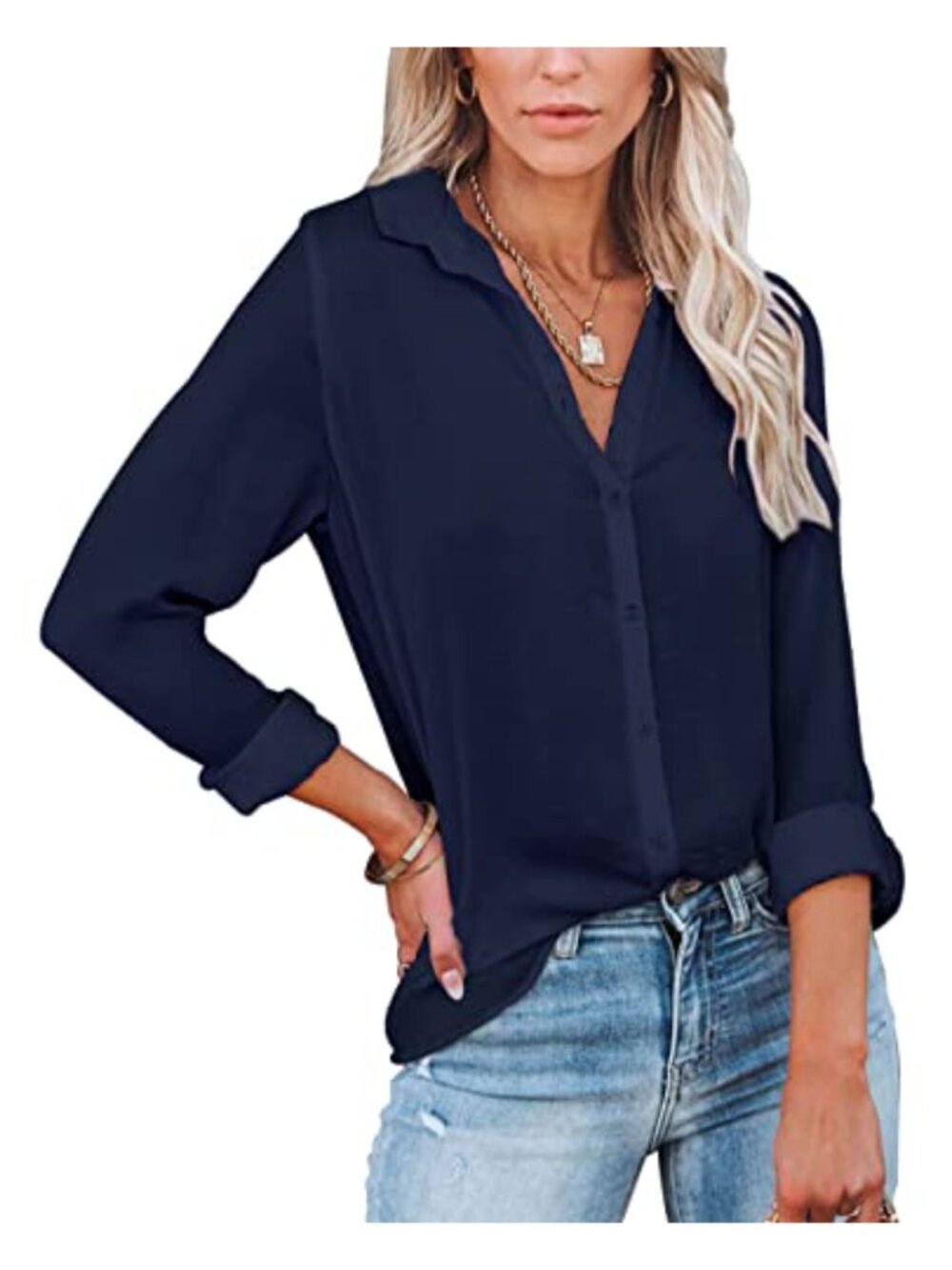 Women's Button Down V Neck Long Sleeve Office Casual Blouse Solid Plain
